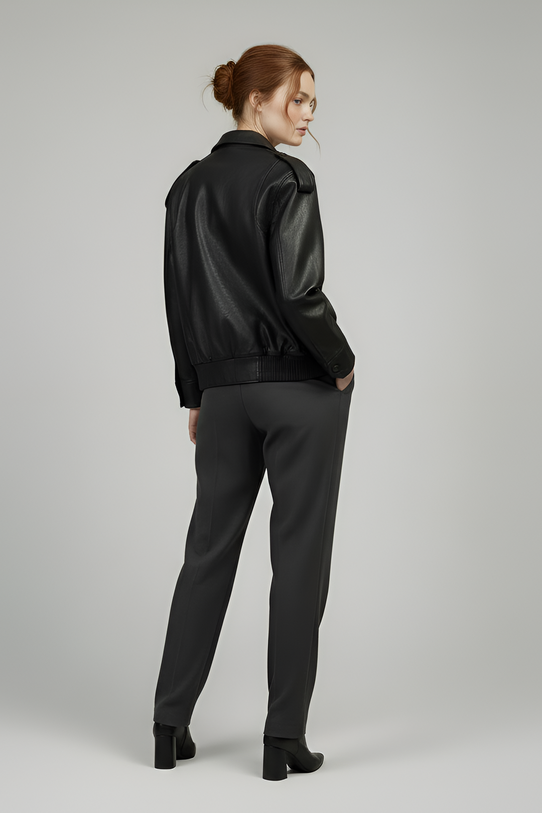 DEVON - Black leather jacket, Back view, Hands in pockets