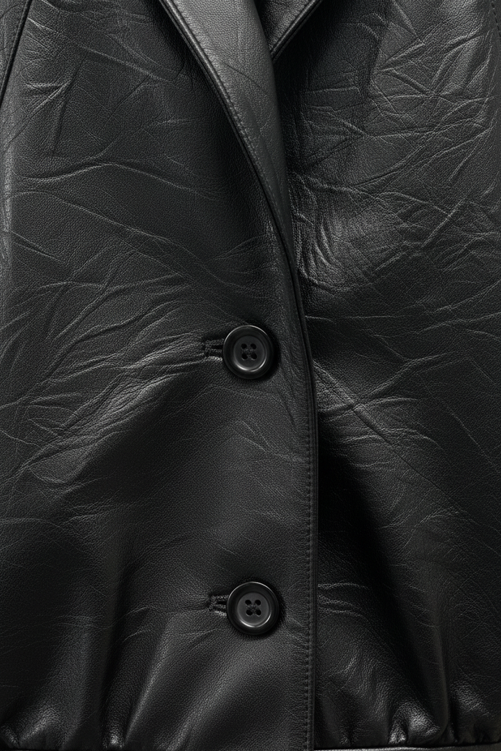 DEVON - Black leather jacket, Close-up, Button detail