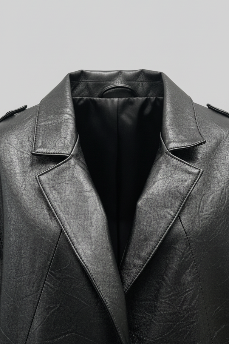 DEVON - Black leather jacket, Close-up, Collar detail