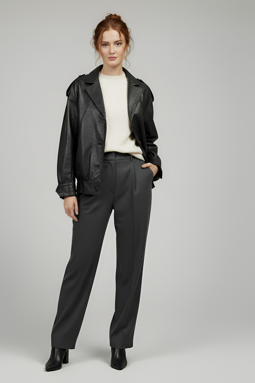 DEVON - Black leather jacket, Standing pose, Hand in pocket