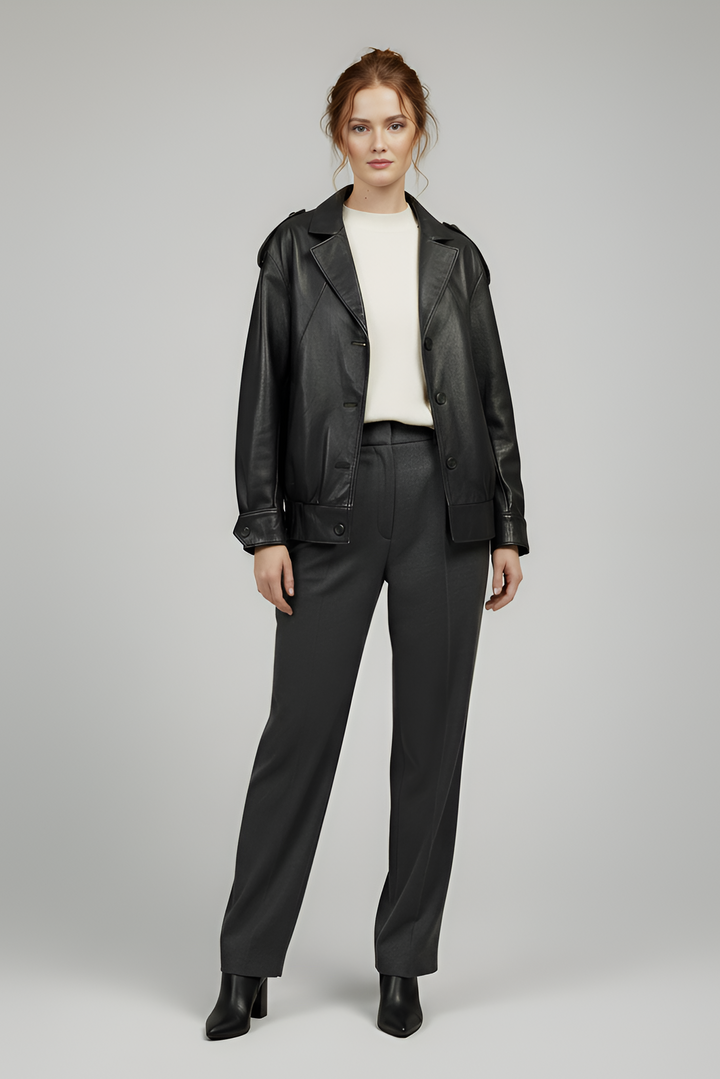 DEVON - Black leather jacket, V-neck, Model pose, 