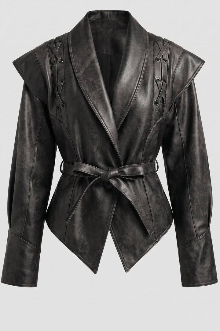 DOROTHY - Black distressed leather jacket, open front, shawl collar