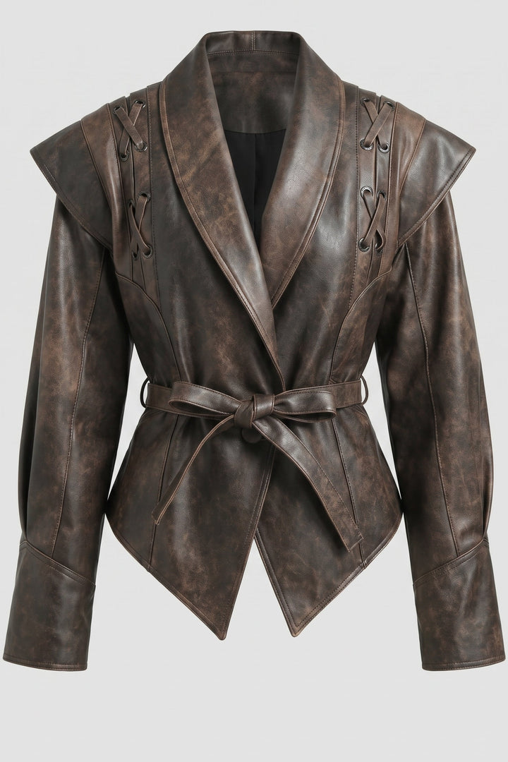 DOROTHY - Brown distressed leather jacket, belted, lace detail on sleeves
