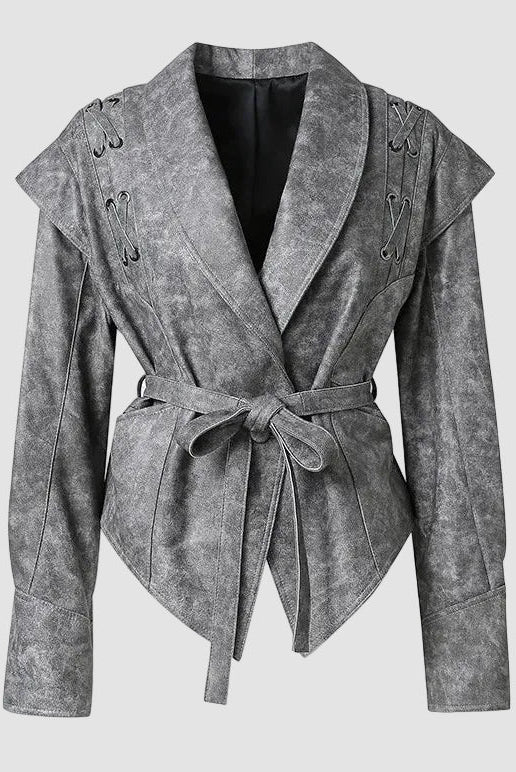 DOROTHY - Grey distressed leather jacket, lace-up shoulders, belted waist
