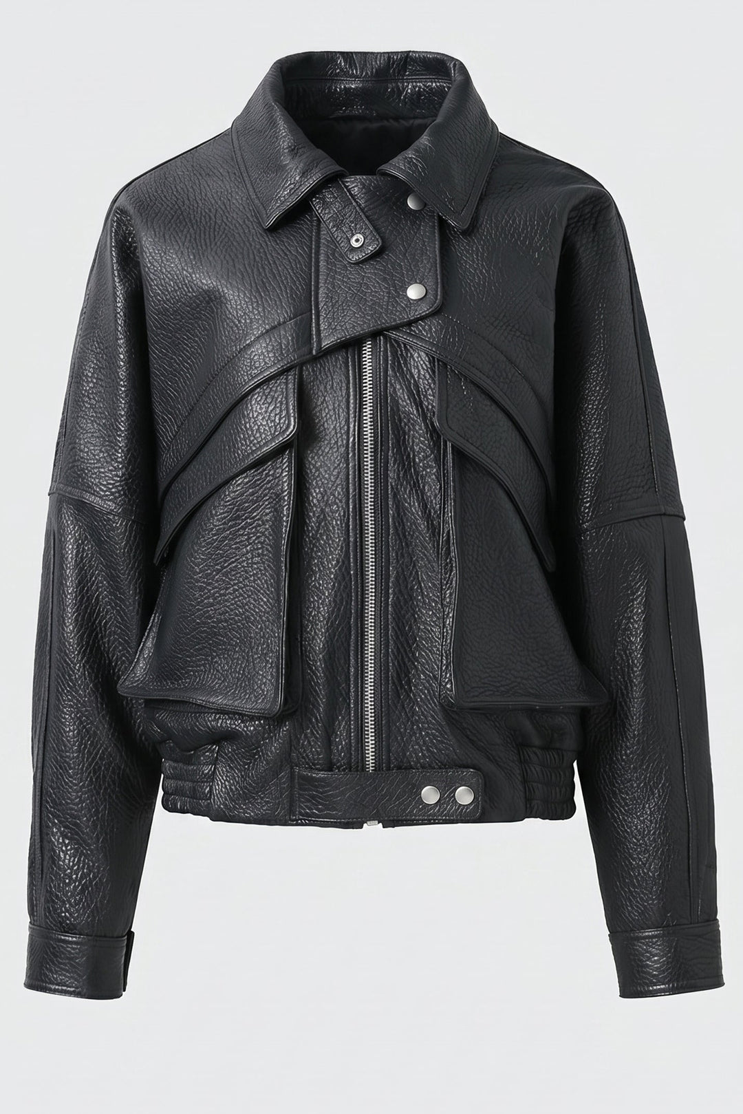 DREW - Black bomber jacket, front view, textured leather, collar detail