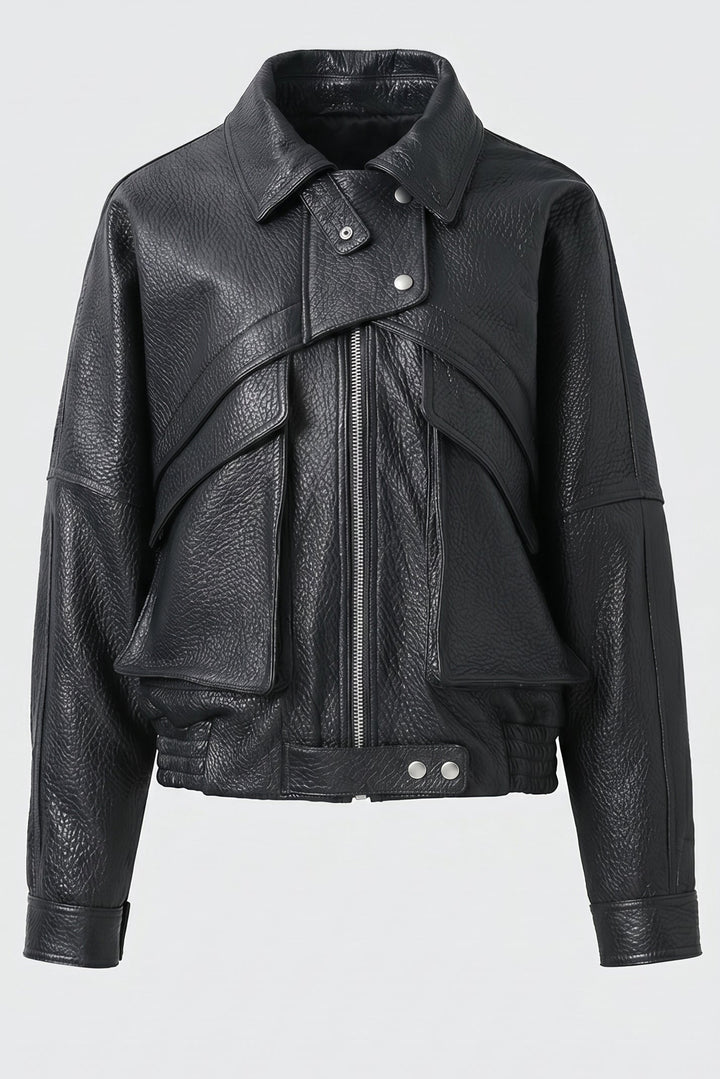 DREW - Black bomber jacket, front view, textured leather, collar detail