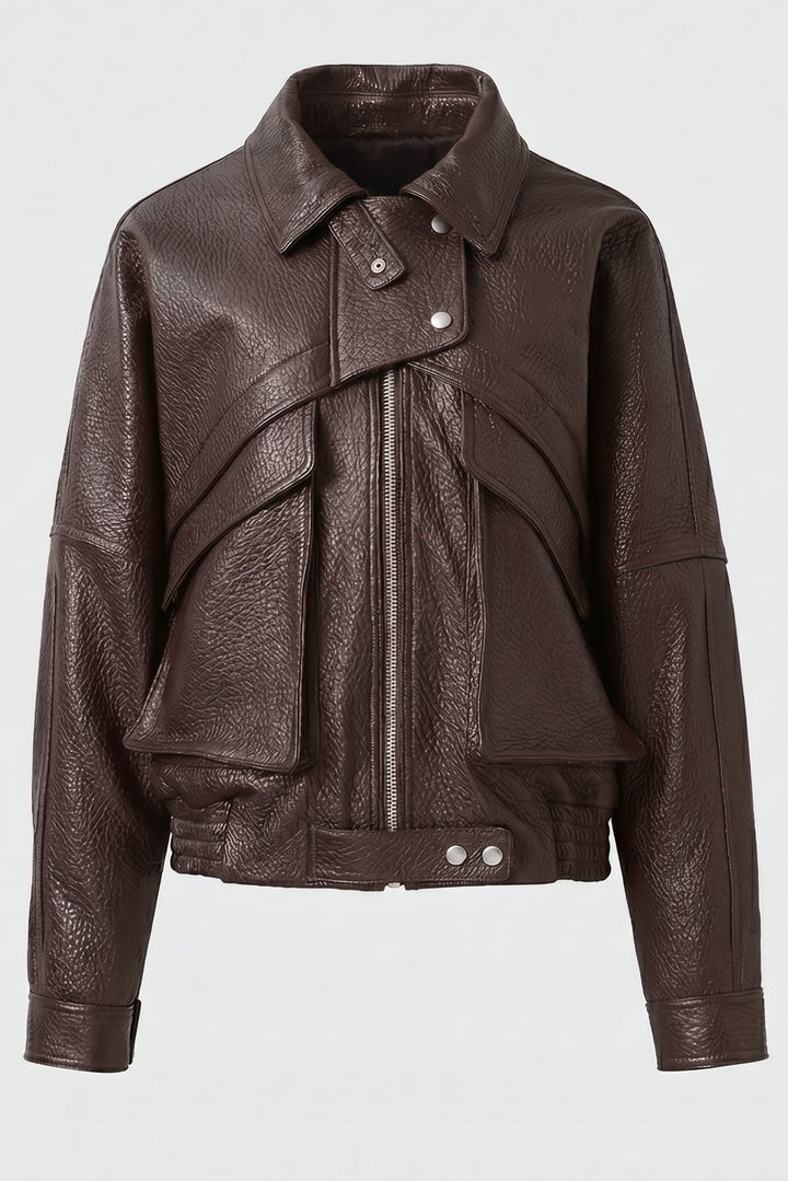DREW - Brown bomber jacket, front view, asymmetrical snap closure, ribbed cuffs