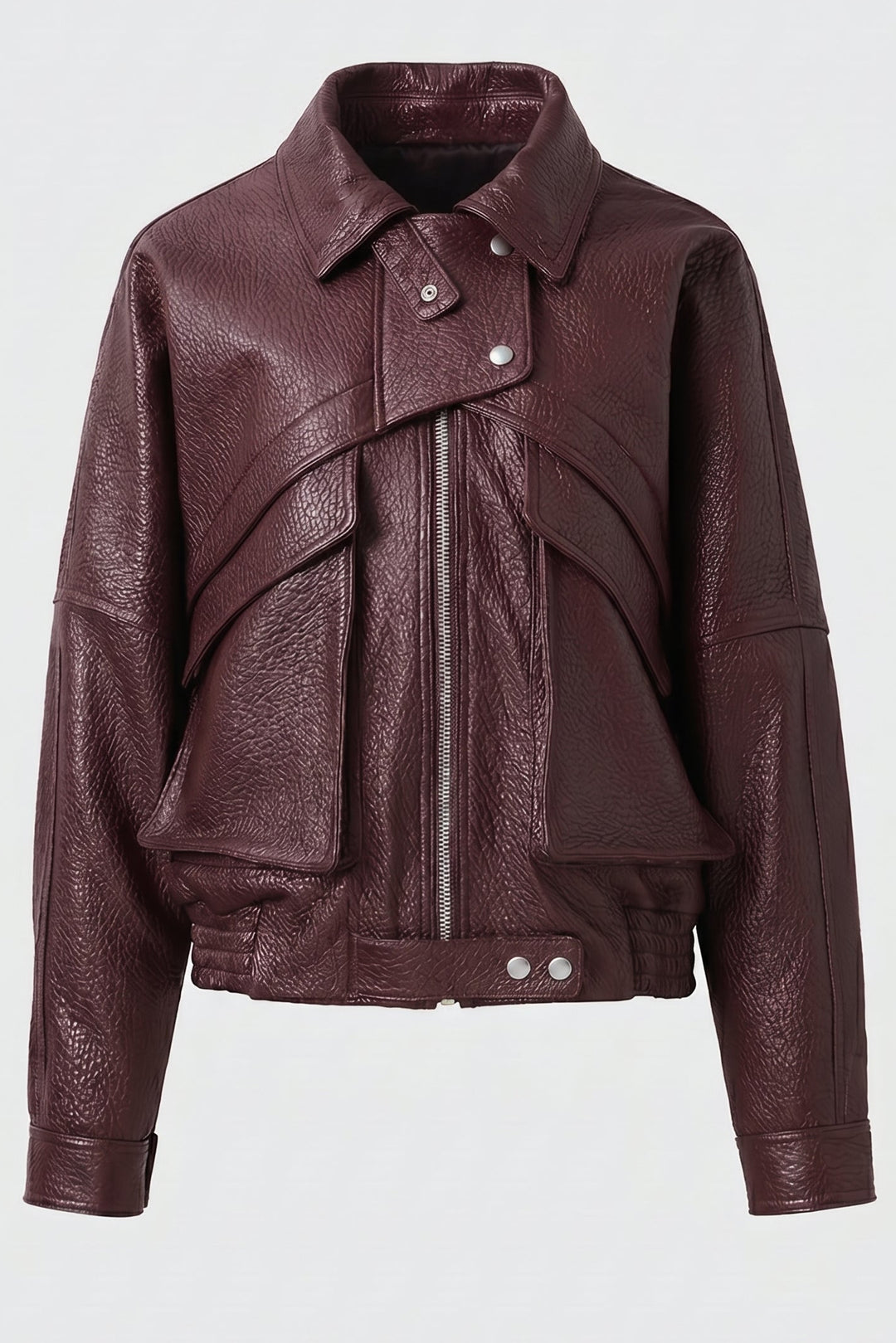 DREW - Burgundy bomber jacket, front view, zippered closure, flap pockets