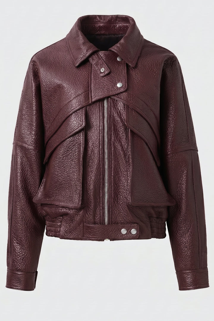 DREW - Burgundy bomber jacket, front view, zippered closure, flap pockets