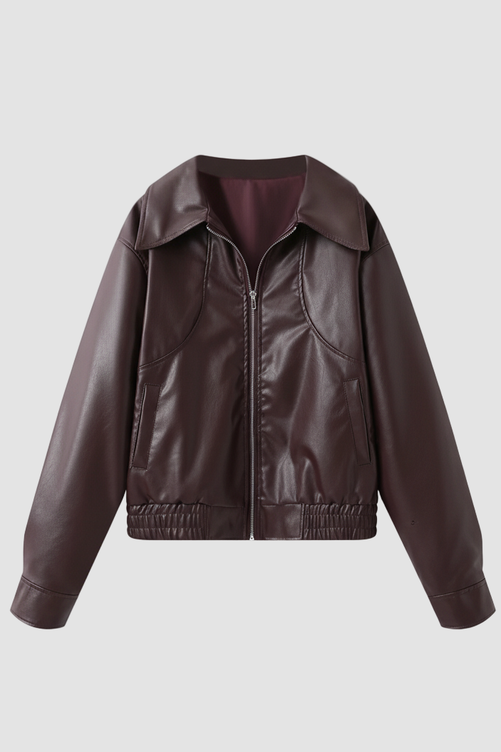 Dalvera faux leather cropped jacket front view in dark coffee brown