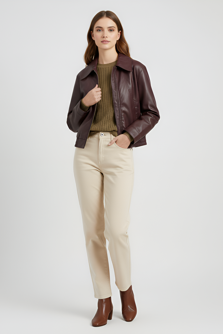 Dalvera faux leather cropped jacket rear view elastic waist