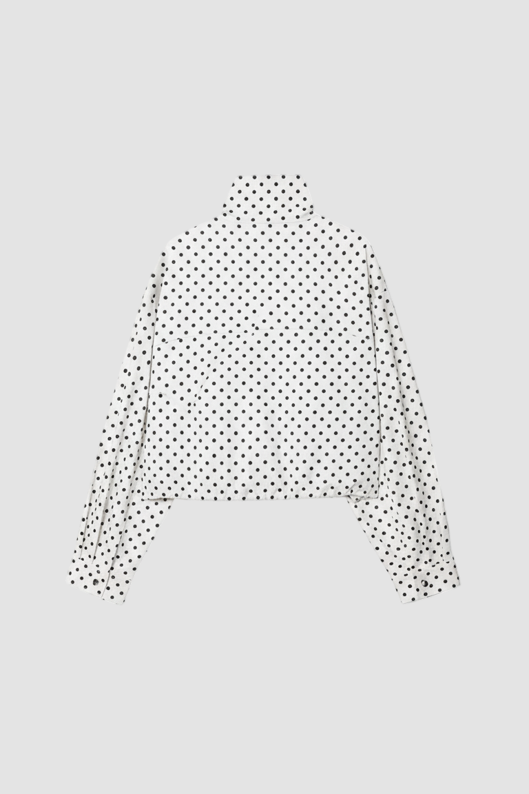 Dalvyn bomber jacket – white cropped bomber jacket with black polka dots and minimal back panel design
