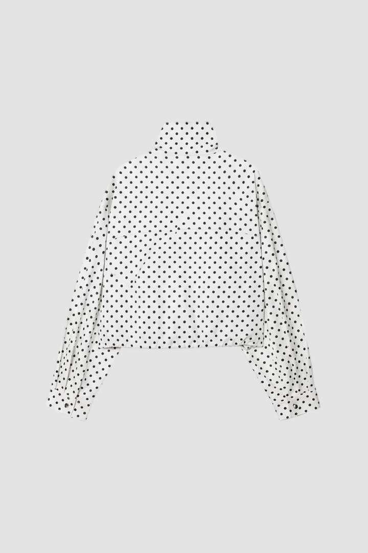 Dalvyn bomber jacket – white cropped bomber jacket with black polka dots and minimal back panel design