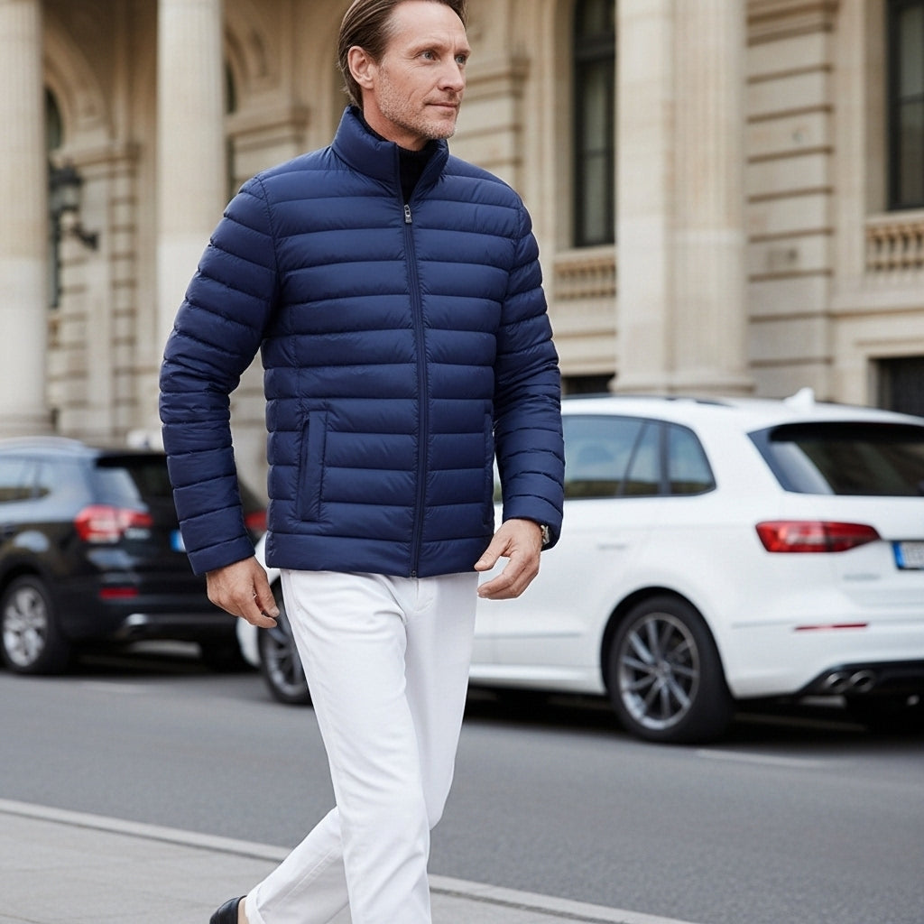 Dalvyn Men's Waterproof Puffer Jacket – Lightweight Insulated Outerwear – Side Profile View