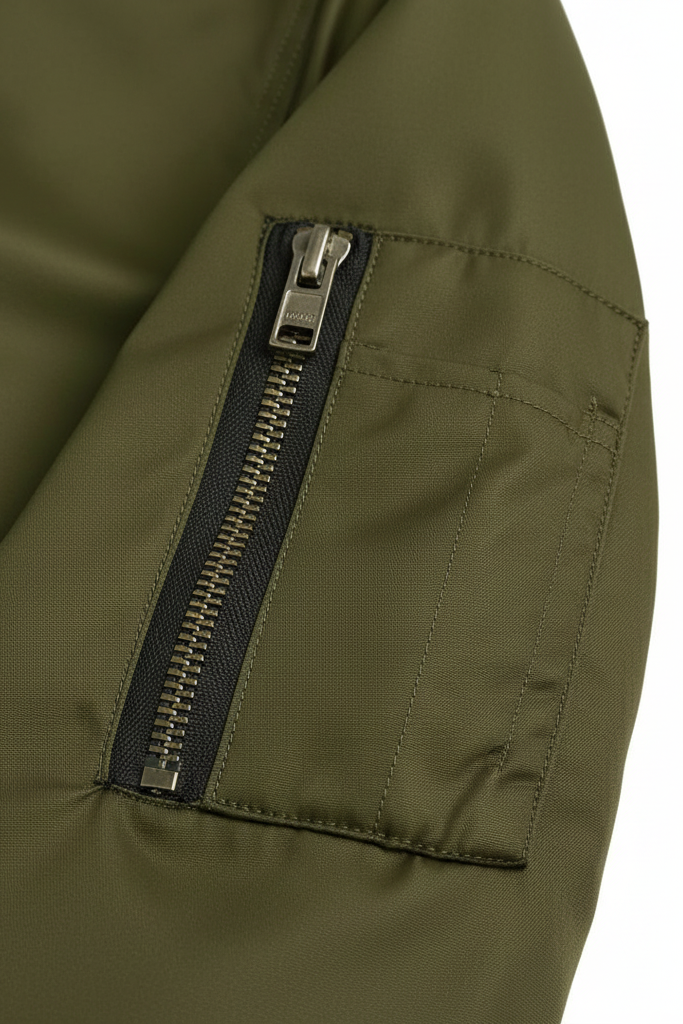 Dalvyn Women's Bomber Jacket – Neck Bomber Jacket – Close-Up of Zipper and Rib Trim