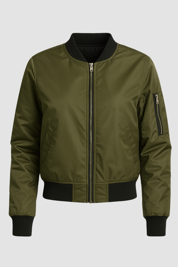 Dalvyn Women's Bomber Jacket – Neck Bomber Jacket – Studio Front View Khaki Green