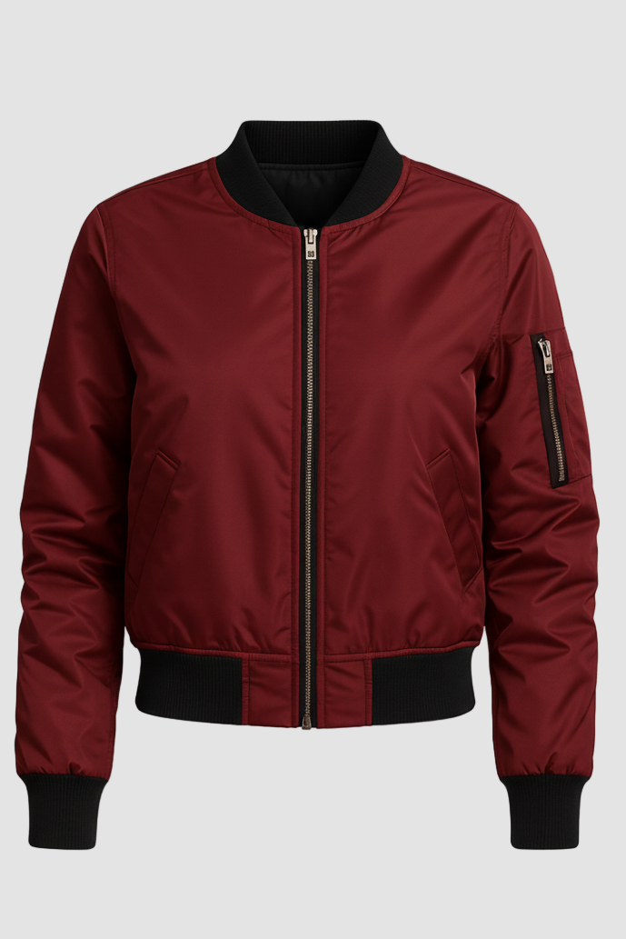 Dalvyn Women's Bomber Jacket – Neck Bomber Jacket – Side View Detail Red Version