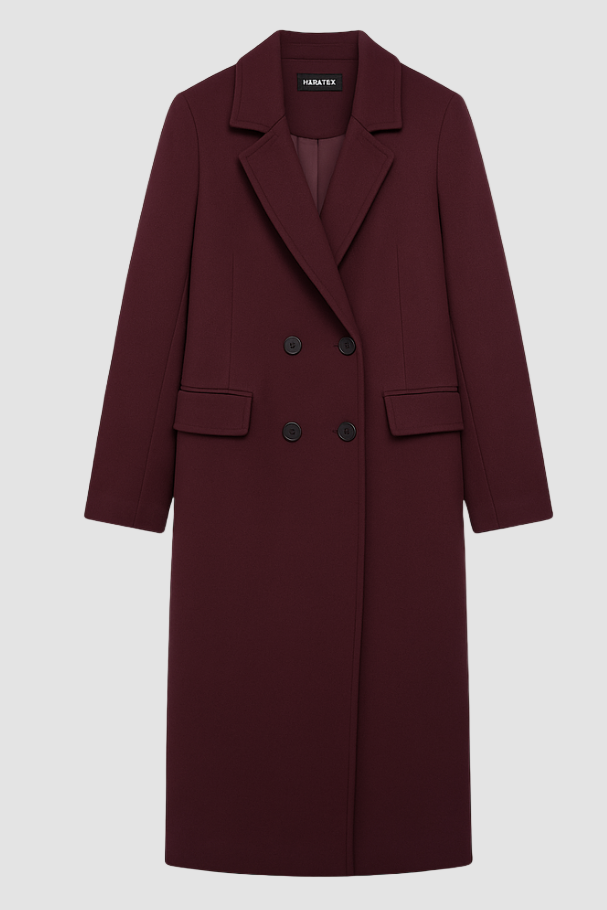 Dalvyn Women's Burgundy Wool Coat – Wool Blend Peacoat – Studio Front View