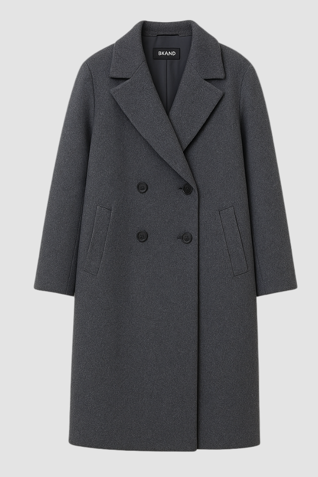 Dalvyn Women's Double-Breasted Coat – Wool Blend Lapel Coat – Studio Front View Gray