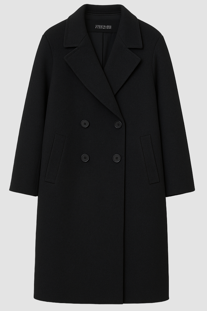 Dalvyn Women's Double-Breasted Coat – Wool Blend Lapel Coat – Studio Front View Black