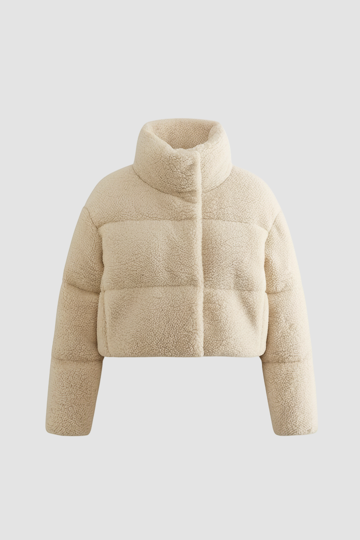 Dalvyn Women's Lamb Wool Puff Coat – Studio Front View Beige