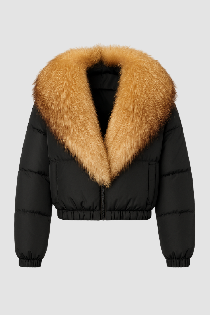 Dalvyn Women's Puffer Jacket with Faux Fur Collar – Front Studio View Black