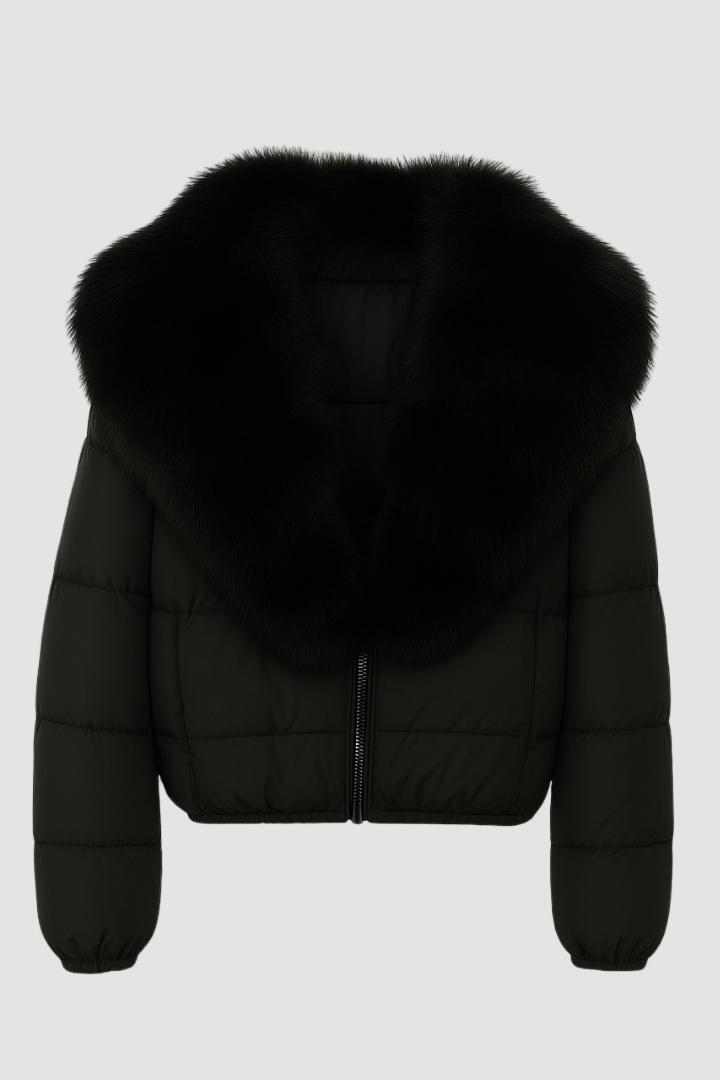 Dalvyn Women's Puffer Jacket with Fox Fur Collar – Black Studio Front View