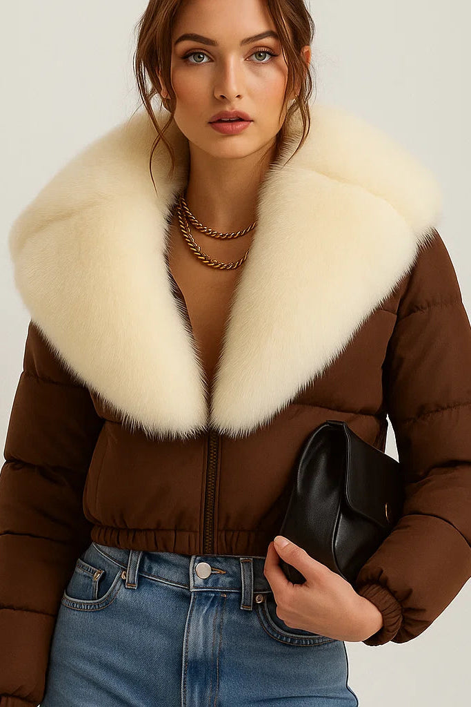Dalvyn Women's Puffer Jacket with White Fox Fur Collar – Model Wearing Brown Variant