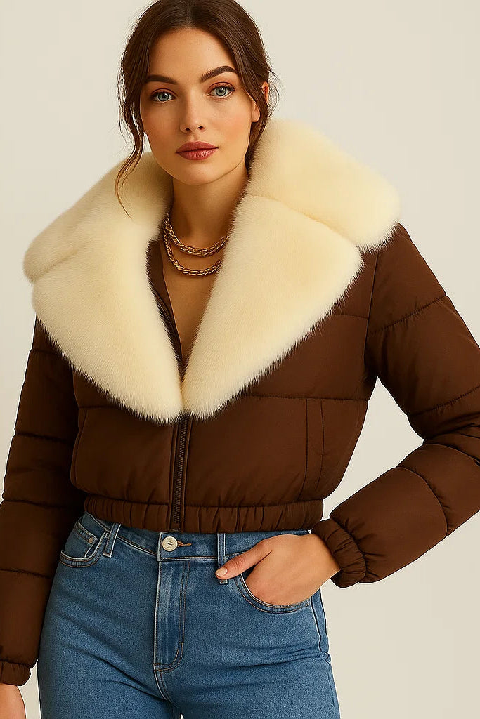 Dalvyn Women's Puffer Jacket with White Fox Fur Collar – Black Variant Front Studio