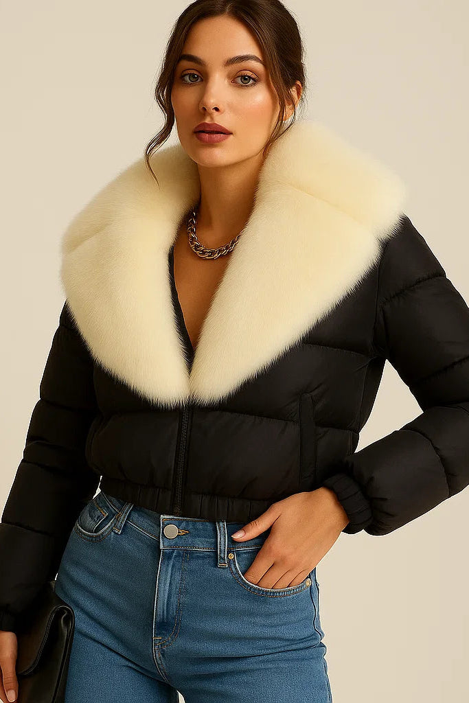 Dalvyn Women's Puffer Jacket with White Fox Fur Collar – Black Fur Version Studio