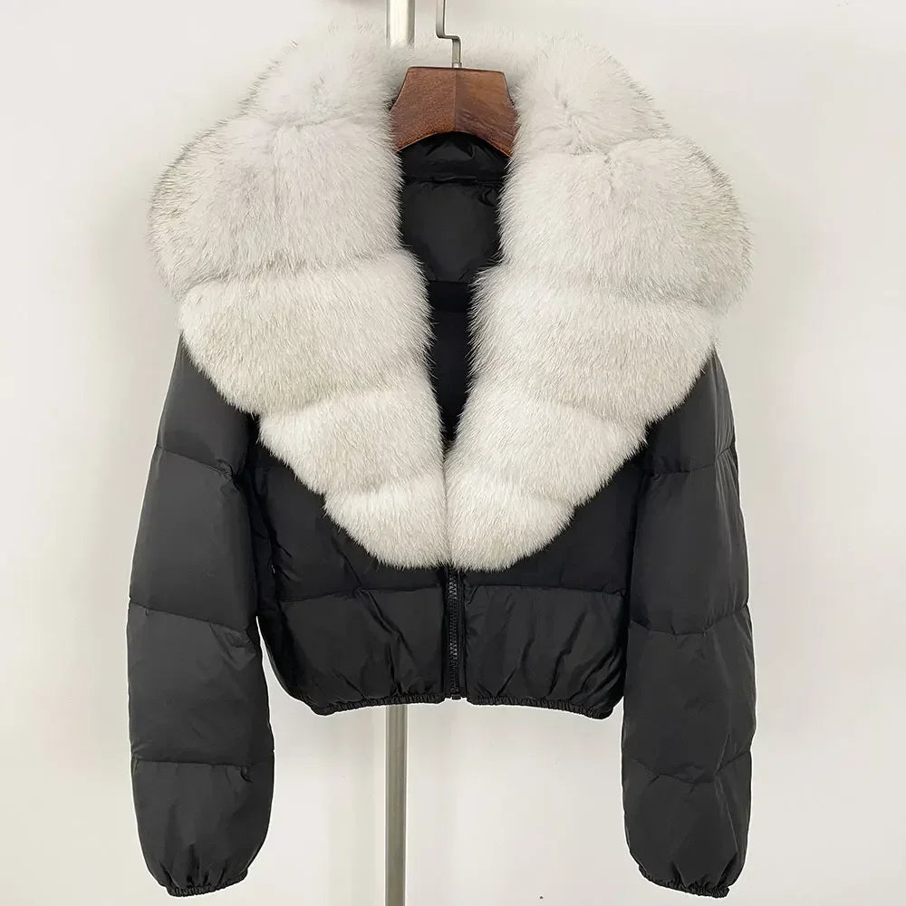 Dalvyn Women's Puffer Jacket with White Fox Fur Collar – Black Fur variant