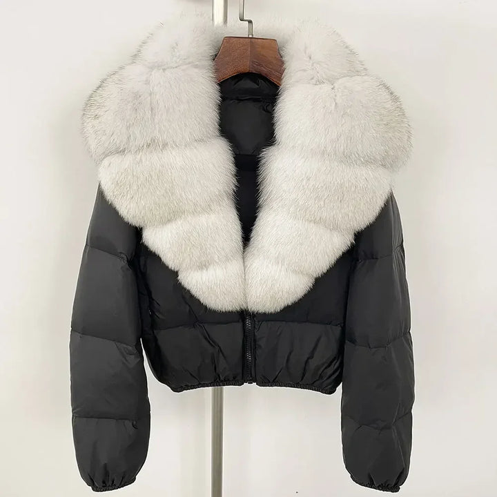 Dalvyn Women's Puffer Jacket with White Fox Fur Collar – Black Fur variant