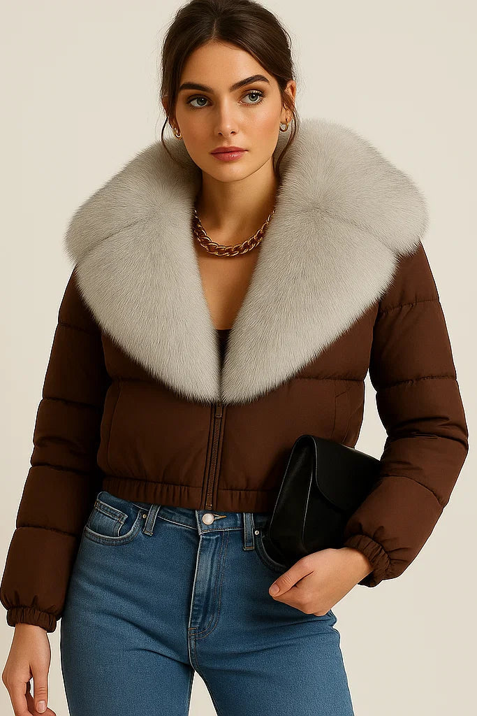 Dalvyn Women's Puffer Jacket with White Fox Fur Collar – Brown Variant Close-Up
