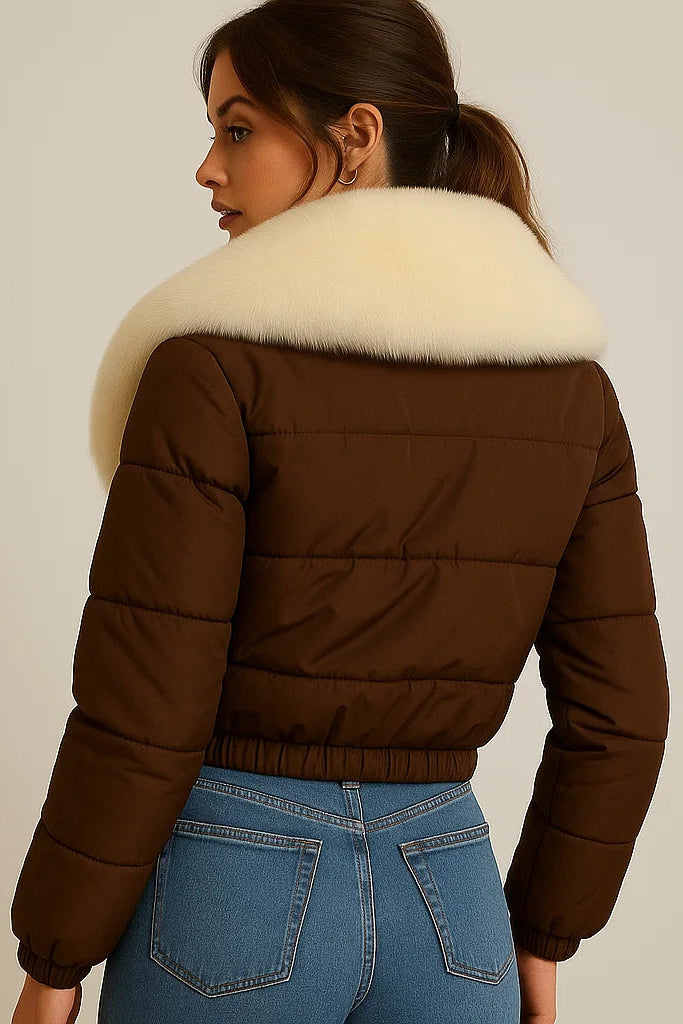 Dalvyn Women's Puffer Jacket with White Fox Fur Collar – Brown Variant Close-Up