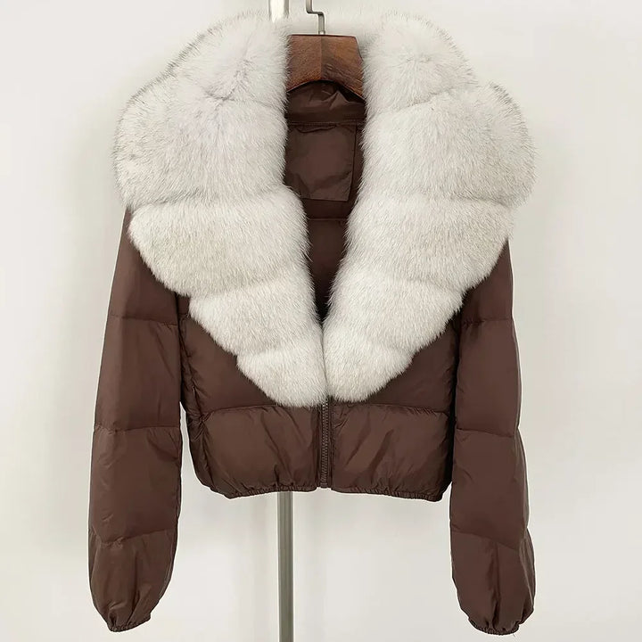 Dalvyn Women's Puffer Jacket with White Fox Fur Collar – Brown & white Fur variant