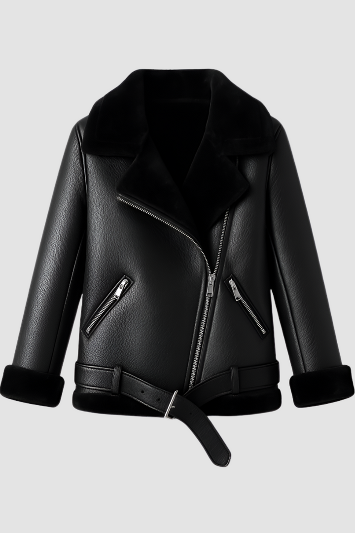 Dalvyn Women's Shearling Jacket – Shearling Biker Jacket – Studio Front View Black