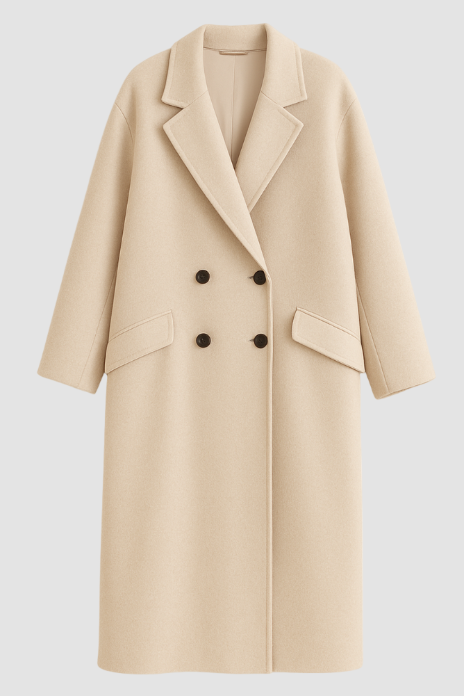 Dalvyn Women's Wool Overcoat – Double-Breasted Wool Coat – Studio Front View Beige