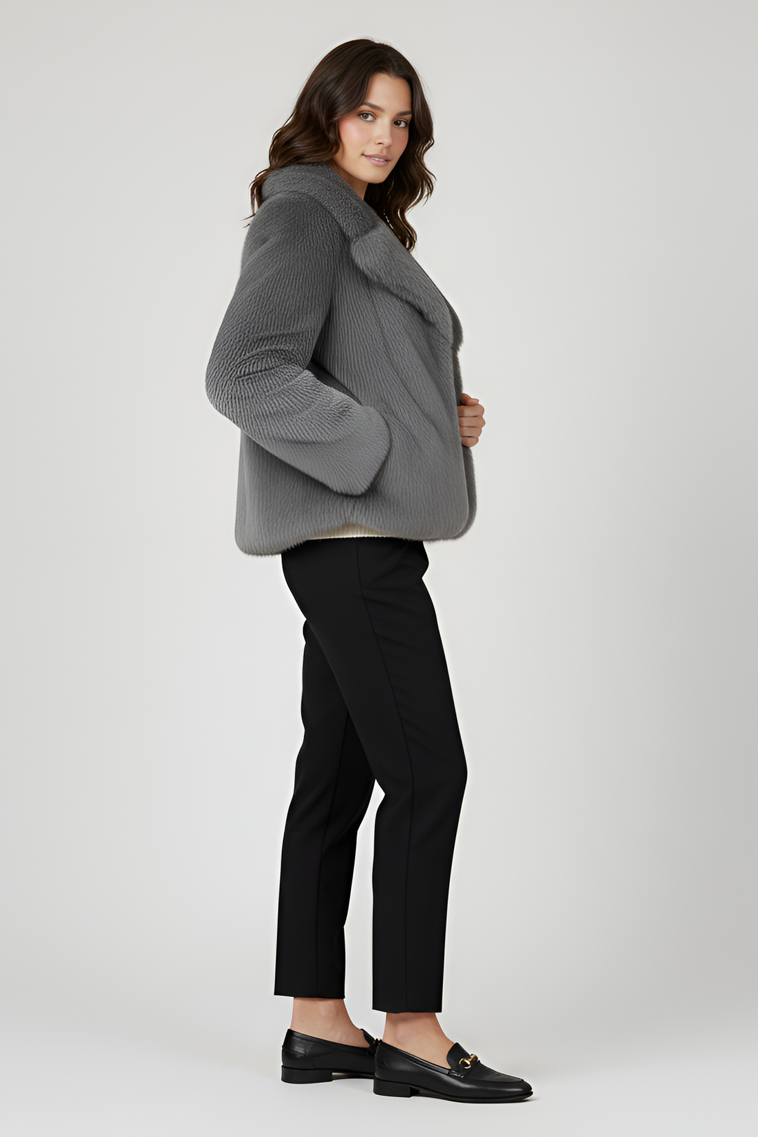 Dalvyn faux fur long coat – the LOUVIA edition in soft grey offers luxury warmth, satin lining, and timeless winter elegance.