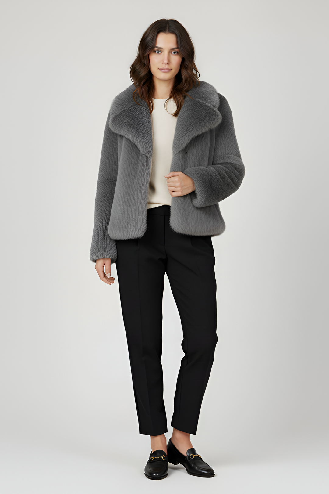 Dalvyn faux fur long coat – the LOUVIA edition in soft grey offers luxury warmth, satin lining, and timeless winter elegance.