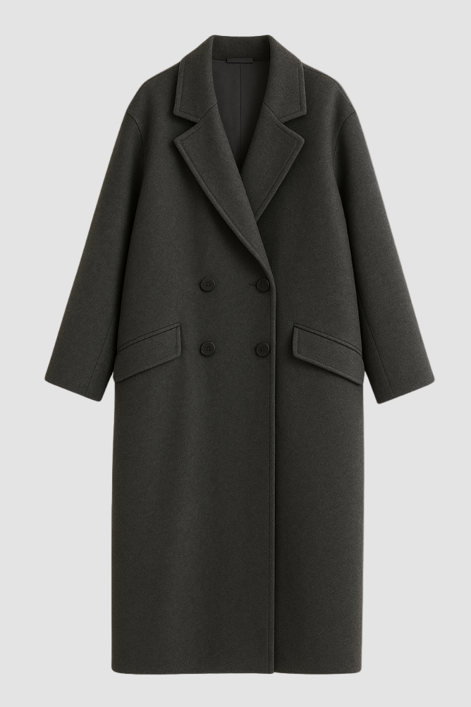 Dalvyn Women's Wool Overcoat – Double-Breasted Wool Coat – Studio View Dark Gray