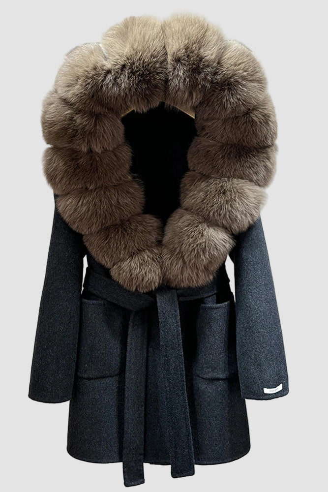 Dark gray coat with a fur collar on a white background