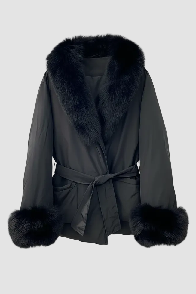 Dark gray coat with black fur trim on a white background