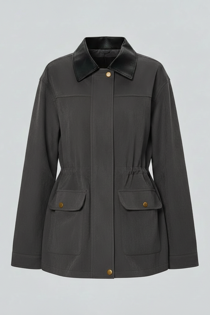 Dark gray jacket with button details on a light gray background