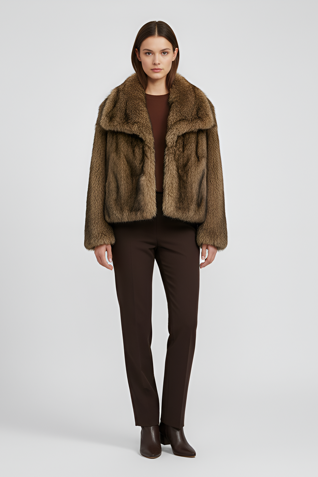 Deep red faux fur winter coat with plush finish and feminine neckline detail.