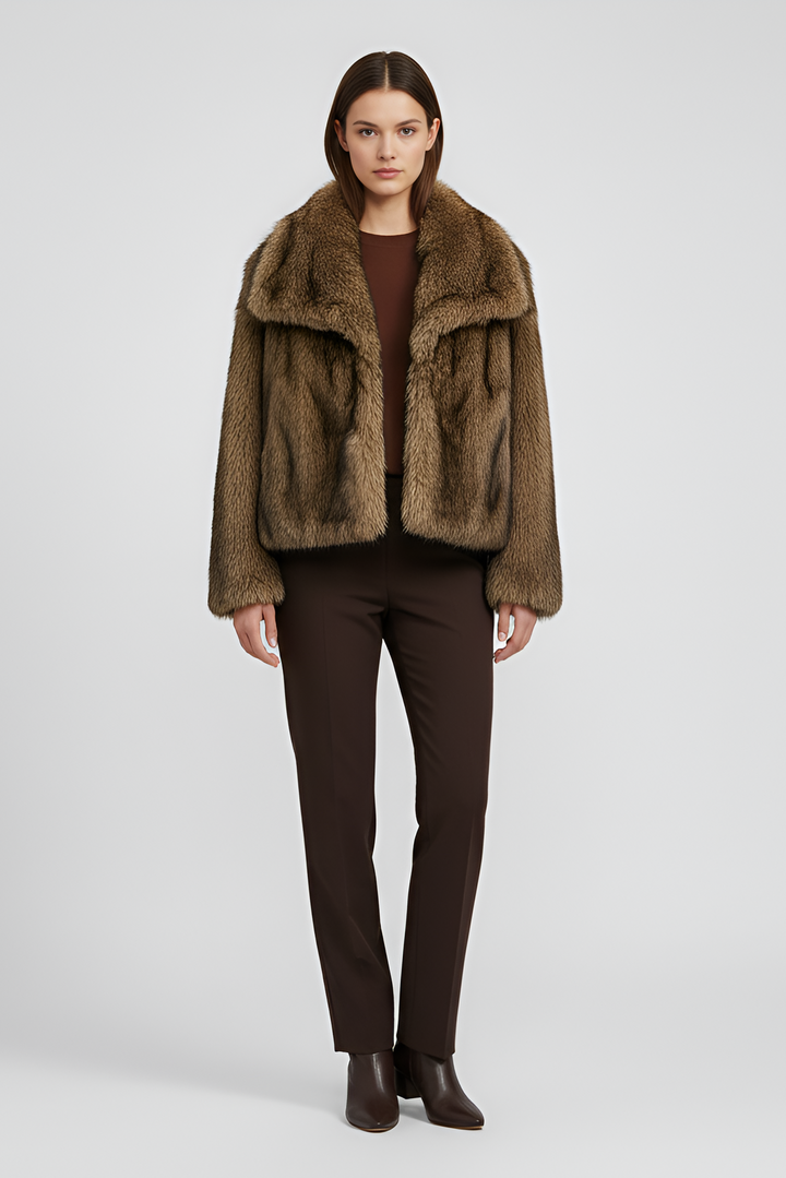 Deep red faux fur winter coat with plush finish and feminine neckline detail.