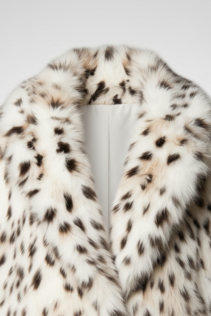 Detail shot of the LEOVARA coat’s turn-down collar and faux fur finish.