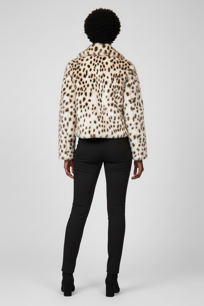 Detailed close-up of the LEOVARA coat’s zipper and faux fur texture.