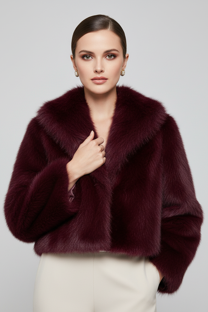 Detailed front view of the Camelia faux fur winter coat in deep burgundy, highlighting its rich texture and satin inner lining.
