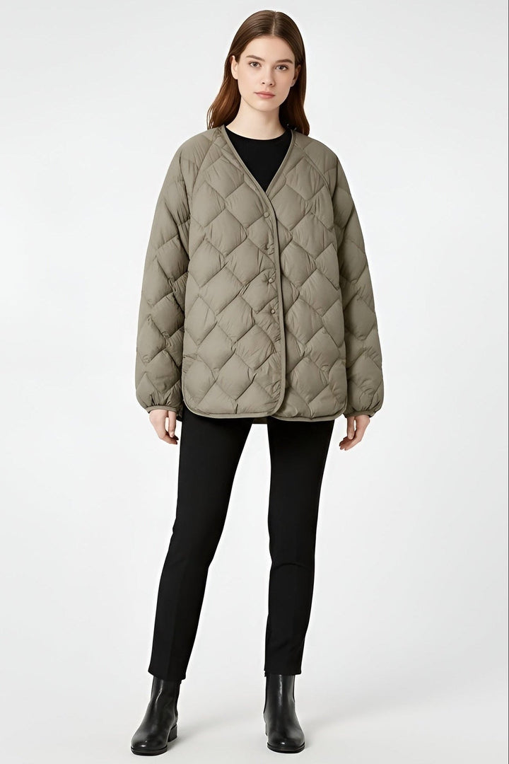 Diamond-quilt stitching detail on lightweight down jacket