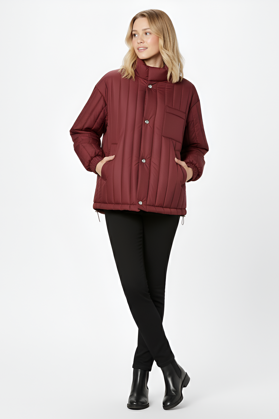 Discover the NARVINA lightweight puffer jacket for women, crafted with breathable duck-down warmth, a clean stand collar, and minimalist quilted design.